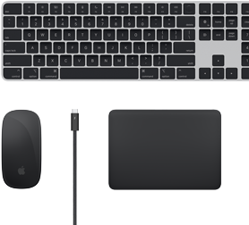 Bovenaanzicht van Mac-accessoires: Magic Keyboard, Magic Mouse, Magic Trackpad en Thunderbolt-kabels.