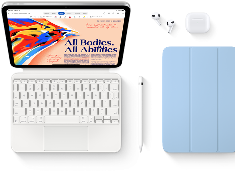 Afbeelding van iPad, Magic Keyboard Folio, Apple Pencil, AirPods en Smart Folio.