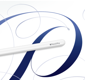 Apple Pencil Pro, wit, afgebeeld tegen een witte achtergrond met blauwe krullen