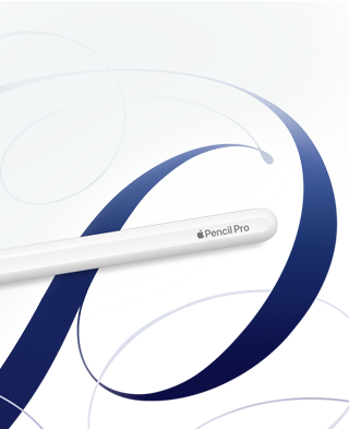 Apple Pencil Pro, wit, afgebeeld tegen een witte achtergrond met blauwe krullen