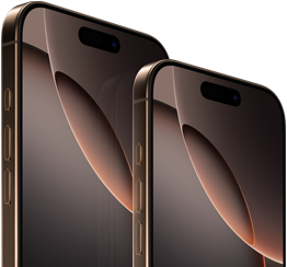 Voorkant van 6,9-inch iPhone 16 Pro Max en 6,3-inch iPhone 16 Pro, actieknop, volumeknoppen, Dynamic Island bovenaan in het midden