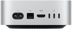 Achteraanzicht van zilverkleurige Mac mini met de poorten aan de achterkant: één HDMI-poort, één ethernetpoort, drie Thunderbolt-poorten en de voedingspoort