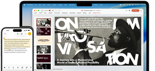 iPhone 16 Plus met gemarkeerde tekst in Notities, MacBook Air met een openstaande slide in Keynote, tekst uit Notities is te zien op de slide