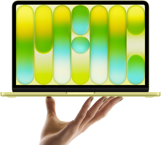 MacBook Neo in de kleur Citrus, balancerend op de vingertoppen van een open hand, op het scherm wordt een kleurrijk abstract patroon weergegeven