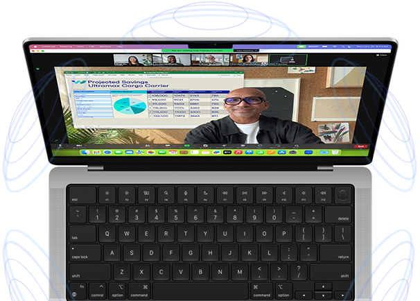 MacBook Pro, omgeven door illustraties van blauwe cirkels die het 3D-gevoel van ruimtelijke audio suggereren. Op het scherm is de presentator-overlay actief in een Zoom-vergadering, zodat de presentator voor de gepresenteerde content wordt weergegeven