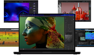 Kleurrijke schermcontent van apps voor muziekproductie, videobewerking, 3D-animatie en fotobewerking op Mac, ter demonstratie van de krachtige graphics