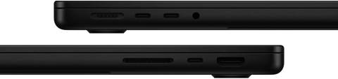 De poorten op MacBook Pro — linkerkant: MagSafe 3, twee Thunderbolt-poorten en mini‑jack-aansluiting — rechterkant: SDXC-kaartsleuf, één Thunderbolt-poort en HDMI
