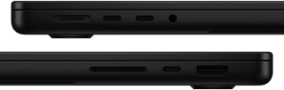 De poorten op MacBook Pro — linkerkant: MagSafe 3, twee Thunderbolt-poorten en mini‑jack-aansluiting — rechterkant: SDXC-kaartsleuf, één Thunderbolt-poort en HDMI