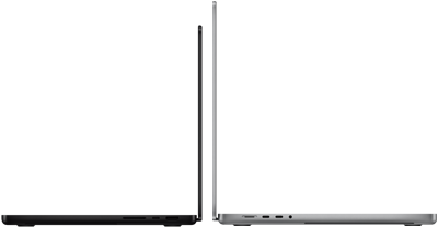 14‑inch en 16‑inch MacBook Pro met de ruggen tegen elkaar, zodat het verschil in grootte goed te zien is en het dunne profiel goed uitkomt