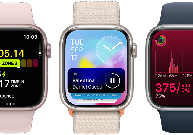 Een vooraanzicht van vijf exemplaren van Apple Watch, waaruit blijkt hoeveel extra informatie te zien is dankzij de update van Watch OS 10.