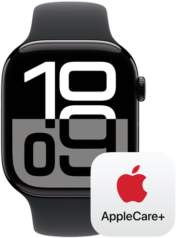 Apple Watch Series 10 met ernaast het AppleCare+-logo dat voor de AppleCare+-dekking staat.