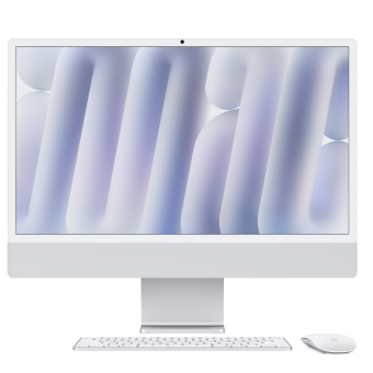 iMac met paars scherm, toetsenbord en muis